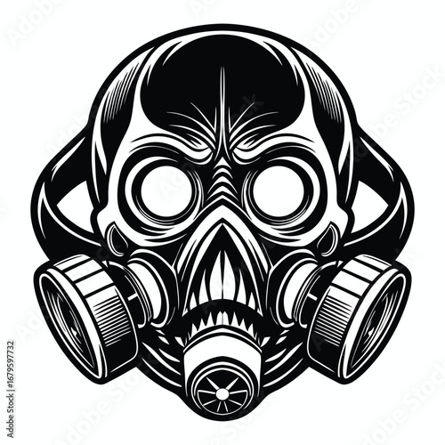 Intense black and white illustration of a skull wearing a gas mask with a menacing expression