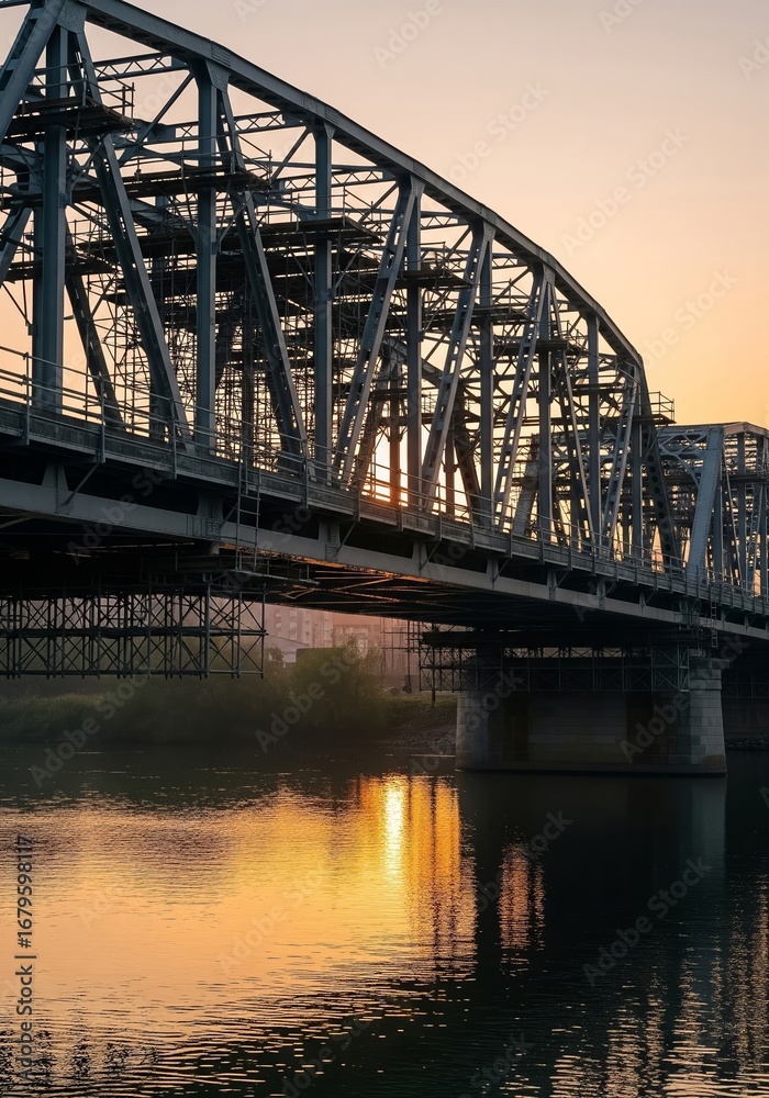 Naklejka premium Sunset over a industrial bridge reflecting in calm waters near a city at twilight
