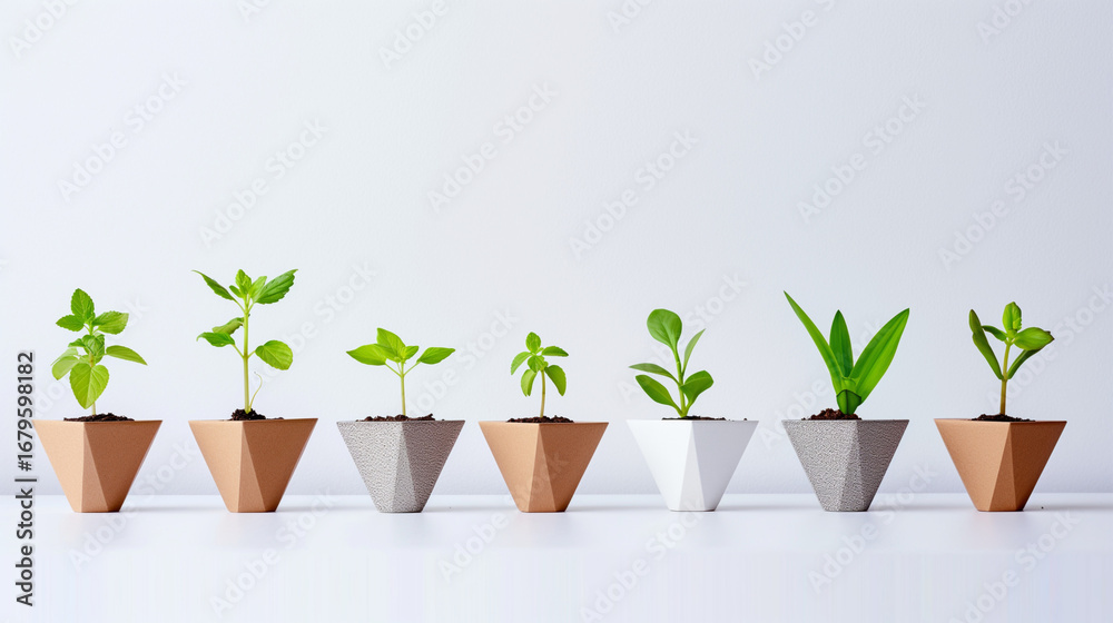 Fototapeta premium Minimalist geometric planters with young green plants