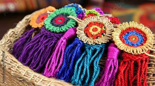 Vibrant Handmade Crochet Tassels with Embroidered Flowers in a Basket