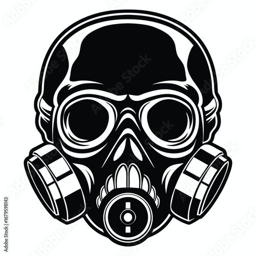 Stylized black and white skull wearing a gas mask with circular filters and a central valve