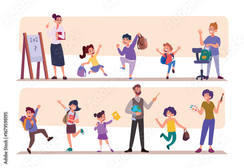 Professor and students. Smart characters with teachers on lesson exact vector back to school template set