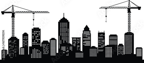 City skyline vector illustration with construction cranes, modern skyscraper silhouettes, urban buildings, tower cranes, downtown architecture, city development, black cityscape design