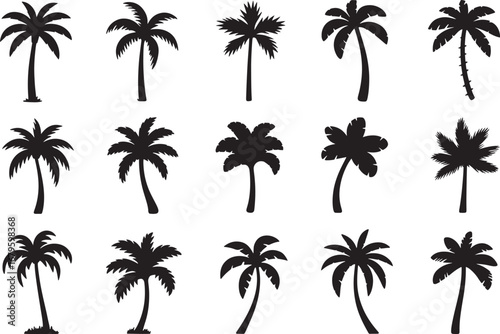 Tropical vector illustration of palm trees, with sun, beach, and sunset silhouettes