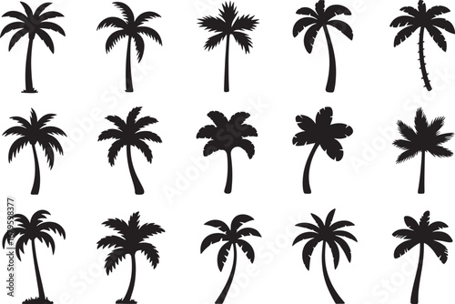 Tropical palms illustration with coconut trees silhouette on a summer beach sunset