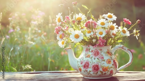 Wallpaper Mural Vintage Teapot Filled with Bright Blossoms in Soft Sunlight Torontodigital.ca