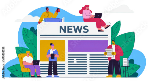 Diverse team collaborates on digital news content, staying informed and connected in a modern world.