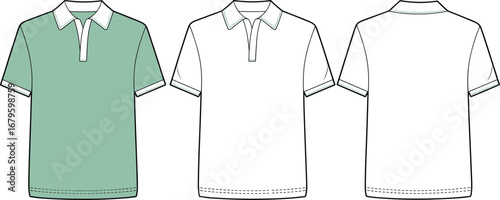 Vector illustration of polo shirt with short sleeves, collar design, front and back technical fashion flat sketch, casual unisex clothing template