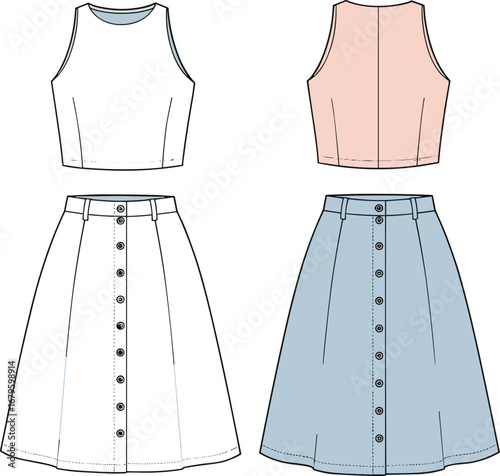 Vector illustration of sleeveless crop top with button front A-line skirt, women fashion flat sketch clothing design, technical garment drawing template