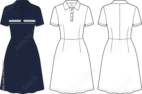 Vector illustration of polo collar short sleeve dress with button placket, casual women fashion flat sketch, garment technical design template for apparel