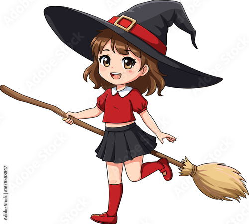 Cute anime witch girl character, wearing black hat and holding broomstick, Halloween costume illustration, magical fantasy design for children artwork