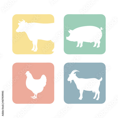 Farm Animals Silhouette Icons Cow, Pig, Chicken, and Goat - Livestock and Agriculture Symbols