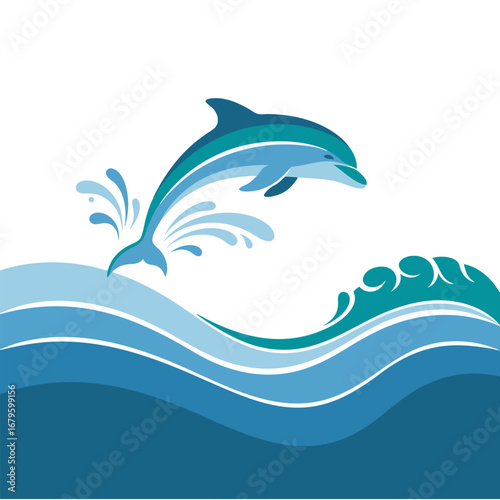 A joyful blue dolphin jumping with freedom over stylized ocean waves illustration