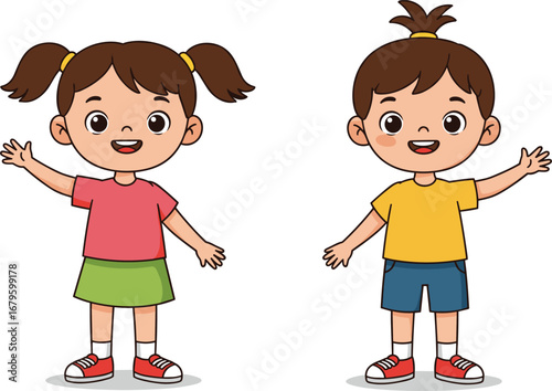 Cute cartoon kids smiling and waving, happy boy and girl illustration, children character design, vector drawing for education, school