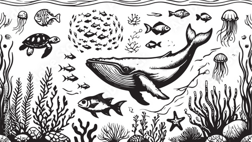 Underwater World Black and White Illustration with Whale Turtle Jellyfish and School of Fish Artistic Ocean Life Scene