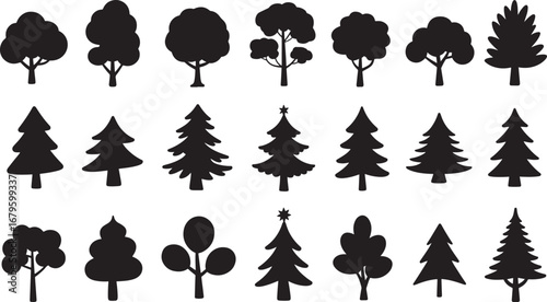 Vector silhouette icons set of various tree species for a nature design illustration