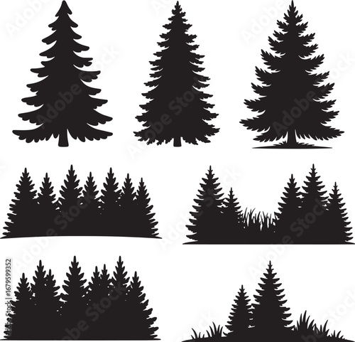Vector illustration set of stylized green pine trees for a seamless winter holiday forest pattern