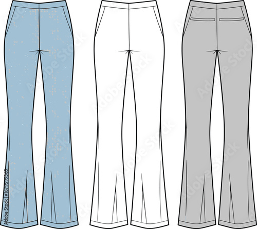 Fashion illustration of women pants design, technical flat sketch of trousers, denim jeans, formal pants, casual wear vector, clothing template front and back view