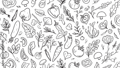 Seamless Pattern of Vegetables and Herbs Hand Drawn Style Black and White Minimalist Design for Healthy Lifestyle and Culinary Projects