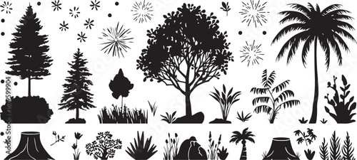 Silhouettes of trees plants and vegetation a diverse collection representing various environments and ecosystems providing a natural aesthetic black and white illustration