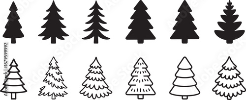 A winter holiday set with various green fir and pine Christmas trees decorated with snow and snowflakes