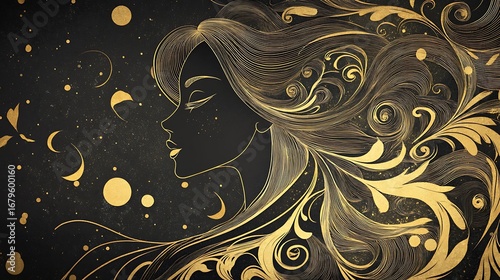 Virgo’s maiden drawn as an abstract curve resembling a flower, with subtle gold highlights. 