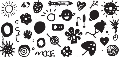 Whimsical Black and White Hand Drawn Doodle Pattern with Abstract Shapes and Objects Creative and Playful Design Element for Backgrounds and Illustrations