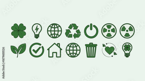 Collection of Green Eco- Friendly Icons Featuring Nature and Recycling Symbols environment