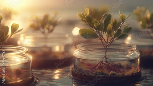 Young Mangrove Seedlings Growing in Glass Jars on Water Surface