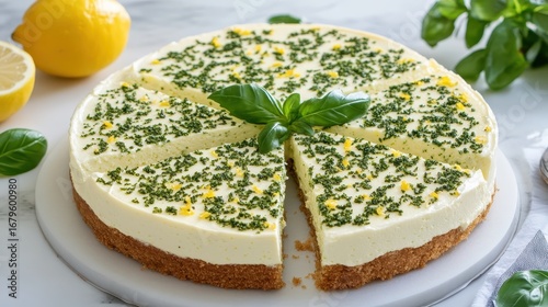 Zesty Lemon Tart with Fresh Basil Garnish on a Marble Surface