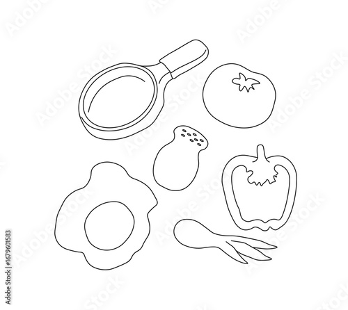 Outline of  frying pan, an omelet, a tomato, an onion, half a bell pepper, a salt shaker. An omelet recipe concept.  Vector illustration on a white background