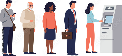 People standing in queue at ATM machine, flat vector illustration showing daily banking, finance activity, urban lifestyle, and digital transaction concept