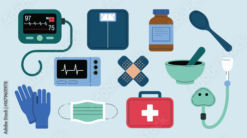 Assortment of Modern Medical Equipment and Supplies on a Light Blue Background healthcare health