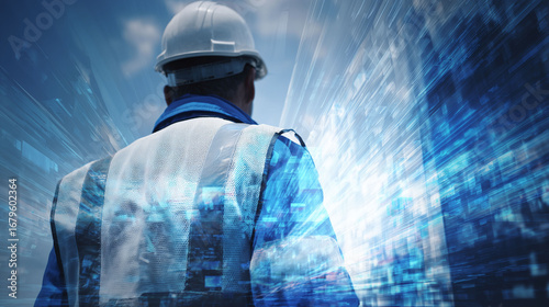 A construction worker in a hard hat and a reflective vest stands with their back facing the camera, surrounded by digital blue effects, representing a futuristic work environment.