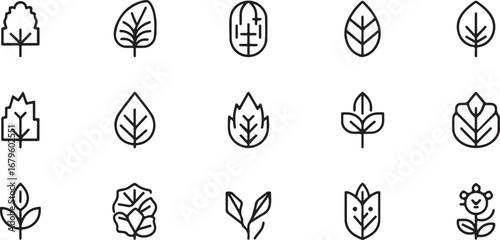 Collection of stylized botanical icons representing diverse leaves plants and flora in minimalist black outline on white background versatile for web and print design projects