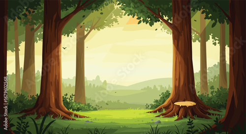 Vector forest landscape with tall trees, grass field, morning light, and dense woodland, ideal for nature backgrounds, outdoor scenes, and design projects