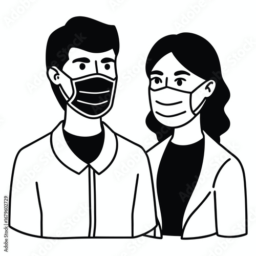 Man and woman wearing protective face masks together illustrating health safety and social distancing during pandemic