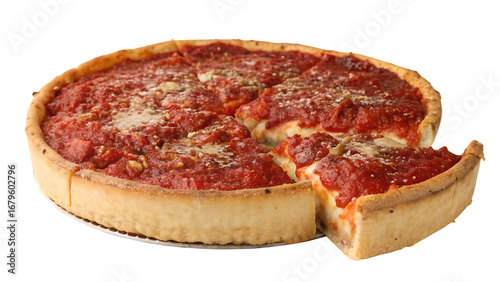 Chicago deep dish pizza with thick tomato sauce and layers of cheese, white background, no text