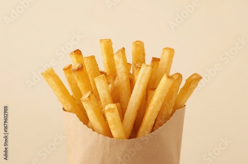 Golden fries in paper bag, beige background, food photography, menu use