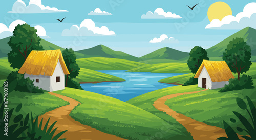 Beautiful countryside landscape with cottages, flowing river, green hills, sunny sky, peaceful nature scene, rural view, vector illustration, cartoon style