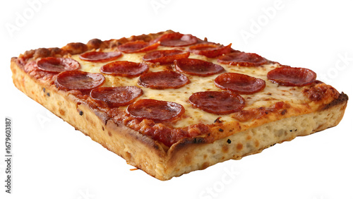 Detroit style square pizza with caramelized cheese edges, pepperoni toppings, white background, no text