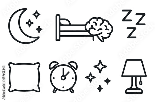 Sleep themed icons: moon, bed, brain, zzz, pillow, alarm clock, stars, lamp