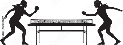 Competitive table tennis game with two female players in dynamic poses showcasing athleticism and focus on the game in a silhouette vector illustration