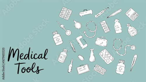 Hand Drawn Medical Tools and Equipment Scattered on a Light Blue Background healthcare medicine