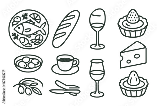 Hand-drawn culinary icons: fish, bread, wine, dessert, cheese, olives, coffee