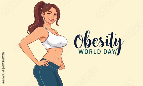 Obesity world day beautiful sport woman, vector art illustration.