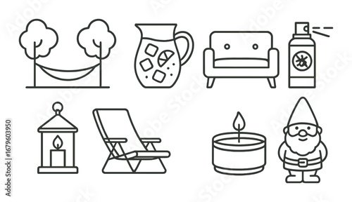 Minimalist outdoor icon set: hammock, lemonade, furniture, lantern, deck chair, candle, gnome