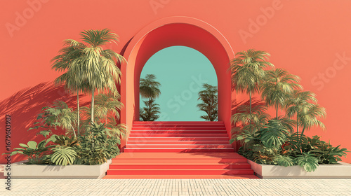A symmetrical archway with steps surrounded by lush tropical plants, creating a serene and inviting scene.