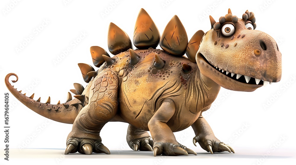Fototapeta premium A cute cartoon stegosaurus, isolated on white background, showcases its prehistoric charm with a friendly smile and spiky plates in a playful pose
