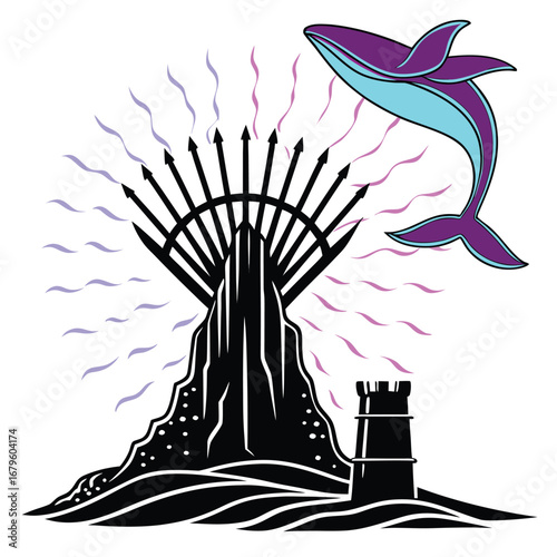 Whale tail glowing across neon throne silhouette